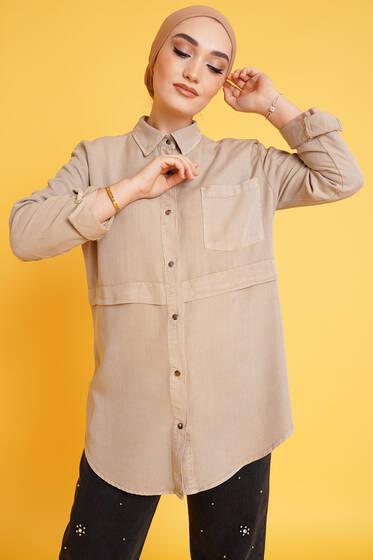Tek Cepli Çıt Çıt Düğmeli Gömlek Bej - Gömlek