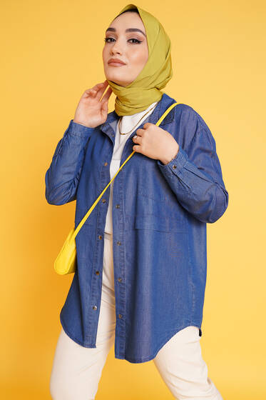 Tek Cepli Çıt Çıt Düğmeli Gömlek Kot Mavisi - Kot Gömlek