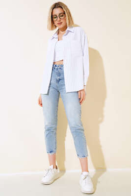 Tek Cepli Çizgili Gömlek Ekru - Kadın Giyim Modelleri