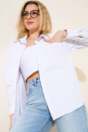 Tek Cepli Çizgili Gömlek Ekru - Yeni Giyim
