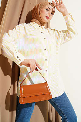 Tek Cepli Çizgili Müslin Gömlek Sarı - FİXAY