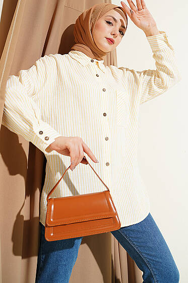 Tek Cepli Çizgili Müslin Gömlek Sarı - Gömlek