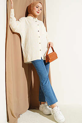 Tek Cepli Çizgili Müslin Gömlek Sarı - Gömlek