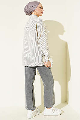 Tek Cepli Çizgili Müslin Gömlek Siyah - Gömlek