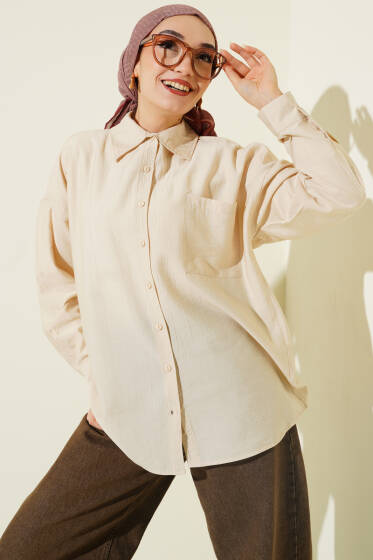 Tek Cepli Düşük Omuz Gömlek Bej - Gömlek
