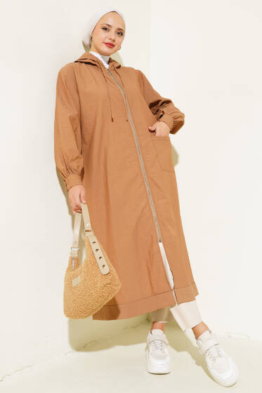 Tek Cepli Fermuarlı Uzun Kap Camel - Dış Giyim&Mont