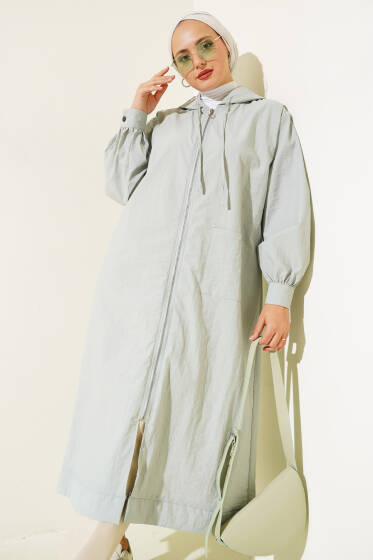 Tek Cepli Fermuarlı Uzun Kap Gri - Dış Giyim&Mont