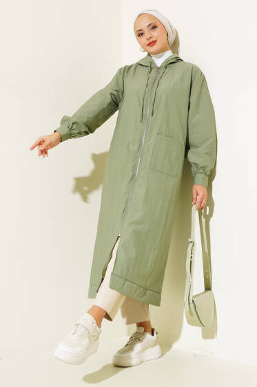 Tek Cepli Fermuarlı Uzun Kap Haki - Dış Giyim&Mont