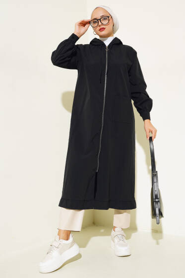 Tek Cepli Fermuarlı Uzun Kap Siyah - Dış Giyim&Mont