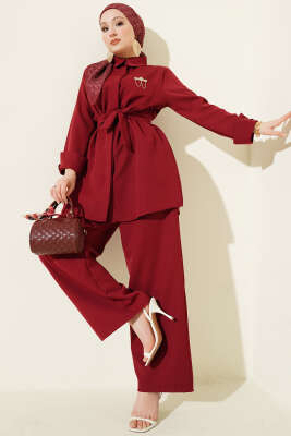 Tek Cepli Gizli Düğmeli Dabıl İkili Takım Bordo 