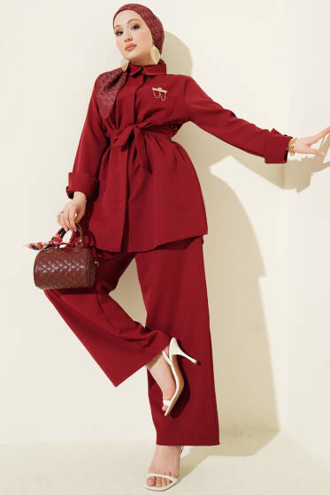Tek Cepli Gizli Düğmeli Dabıl İkili Takım Bordo - İkili Takım