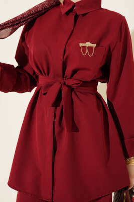 Tek Cepli Gizli Düğmeli Dabıl İkili Takım Bordo - İkili Takım