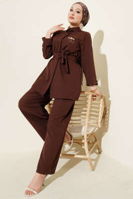 Tek Cepli Gizli Düğmeli Dabıl İkili Takım Kahve 