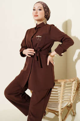 Tek Cepli Gizli Düğmeli Dabıl İkili Takım Kahve - İkili Takım