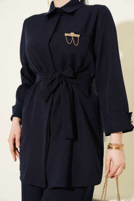 Tek Cepli Gizli Düğmeli Dabıl İkili Takım Lacivert - İkili Takım