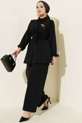 Tek Cepli Gizli Düğmeli Dabıl İkili Takım Siyah - NESSİA