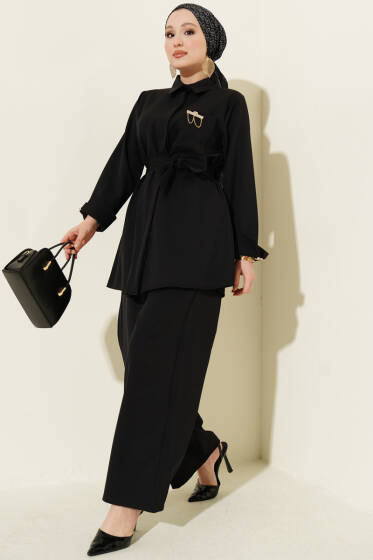Tek Cepli Gizli Düğmeli Dabıl İkili Takım Siyah - İkili Takım