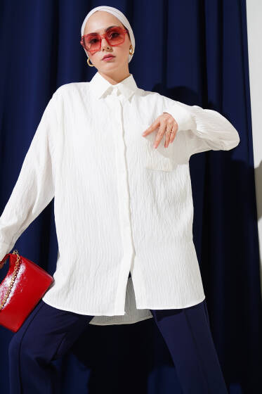 Tek Cepli Kendinden Çizgili Gömlek Beyaz - Gömlek