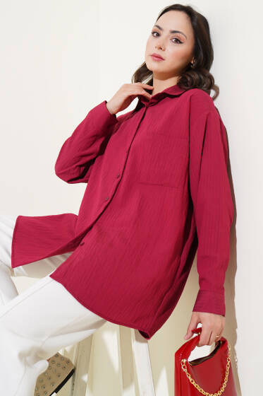 Tek Cepli Kendinden Çizgili Gömlek Bordo - Gömlek