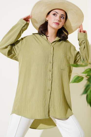 Tek Cepli Kendinden Çizgili Gömlek Çağla Yeşili - Gömlek