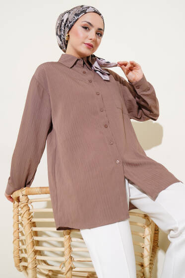 Tek Cepli Kendinden Çizgili Gömlek Kahve - Gömlek