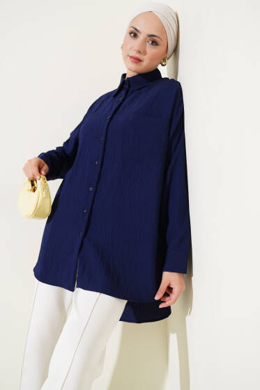 Tek Cepli Kendinden Çizgili Gömlek Lacivert - Gömlek