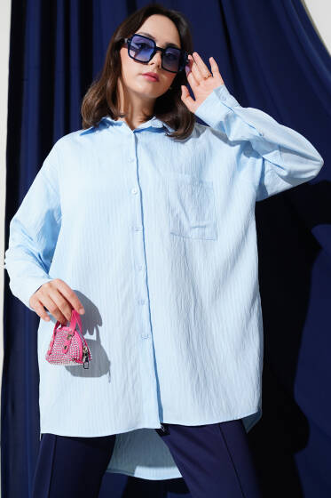 Tek Cepli Kendinden Çizgili Gömlek Mavi - Gömlek