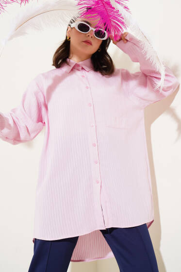 Tek Cepli Kendinden Çizgili Gömlek Pembe - Gömlek
