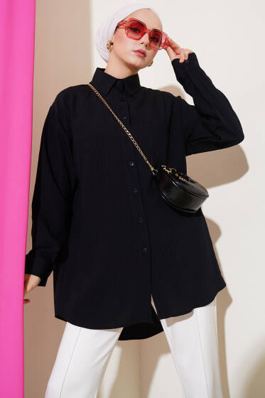 Tek Cepli Kendinden Çizgili Gömlek Siyah - Gömlek