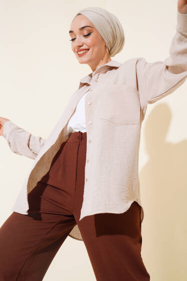 Tek Cepli Keten Gömlek Bej - Gömlek