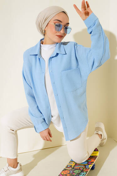 Tek Cepli Keten Gömlek Buz Mavisi - Gömlek