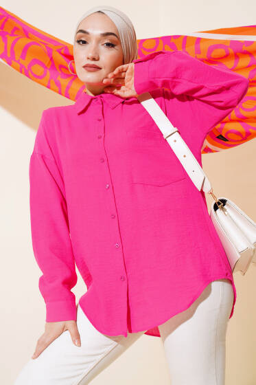 Tek Cepli Keten Gömlek Fuşya - Gömlek