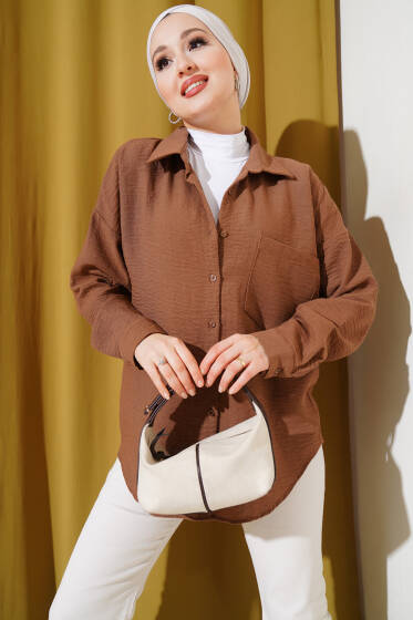 Tek Cepli Keten Gömlek Kahve - Gömlek