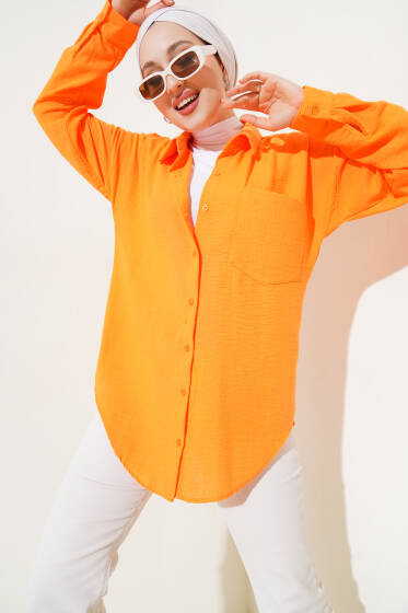 Tek Cepli Keten Gömlek Turuncu - Gömlek