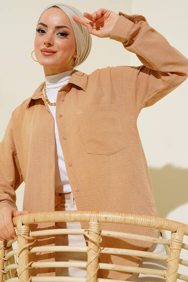 Tek Cepli Keten Gömlek Camel - Gömlek