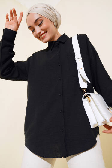 Tek Cepli Keten Gömlek Siyah - Gömlek