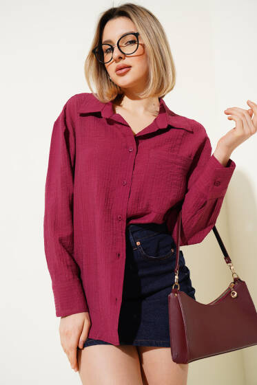 Tek Cepli Kırışık Doku Gömlek Bordo - Kadın Giyim Modelleri