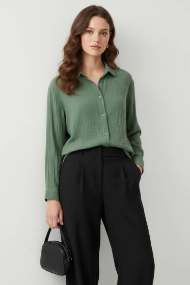 Tek Cepli Müslin Gömlek Haki - Kadın Giyim Modelleri