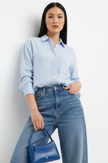 Tek Cepli Müslin Gömlek Mavi - Kadın Giyim Modelleri