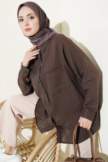 Tek Cepli Salaş Müslin Gömlek Kahve - Gömlek