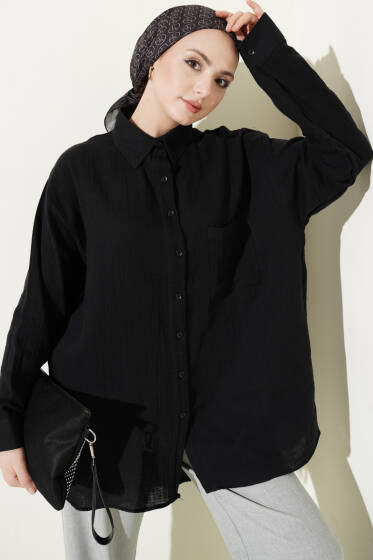 Tek Cepli Salaş Müslin Gömlek Siyah - Gömlek