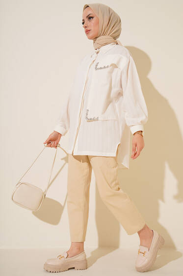 Tek Cepli Taş Detaylı Gömlek Ekru - Gömlek