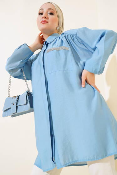 Tek Cepli Taşlı Tunik İndigo - Tunik