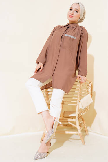 Tek Cepli Taşlı Tunik Kahve - Tunik