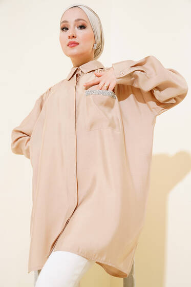 Tek Cepli Taşlı Tunik Latte - Tunik