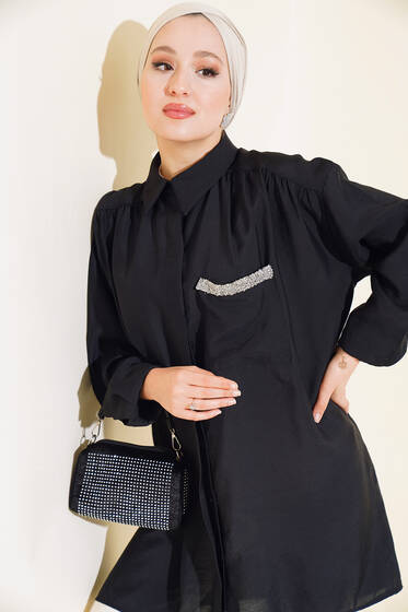 Tek Cepli Taşlı Tunik Siyah - Tunik