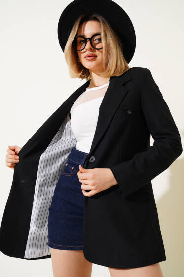 Tek Düğmeli Astarlı Blazer Ceket Siyah - Kadın Giyim Modelleri