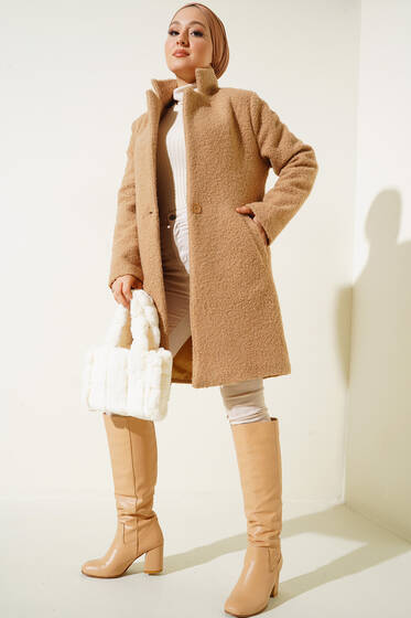 Tek Düğmeli Buklet Kaban Camel - Kaban