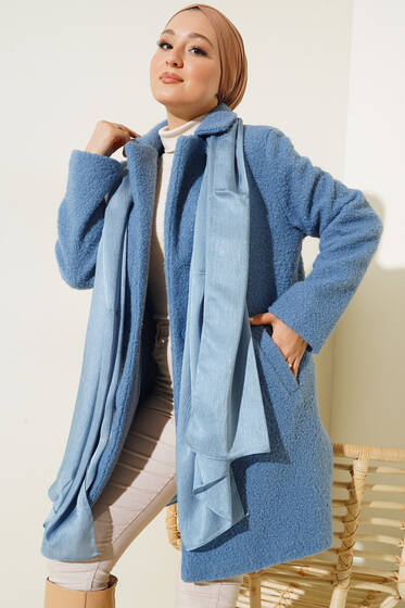 Tek Düğmeli Buklet Kaban Mavi - Kaban