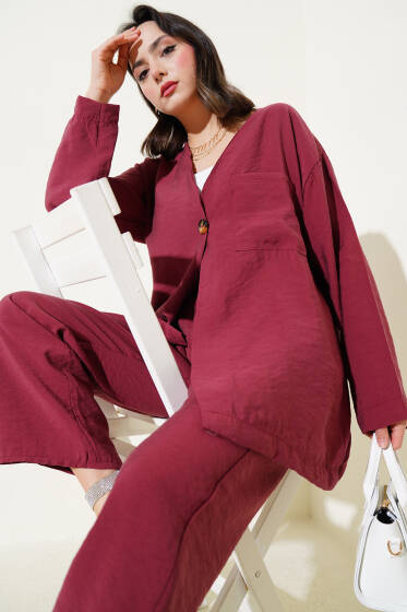 Tek Düğmeli Cepli İkili Takım Burgonya - İkili Takım